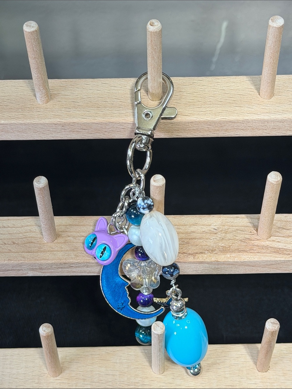 Blue Moon & Cat Charm Keychain - Blue Accent, Artisan made D10